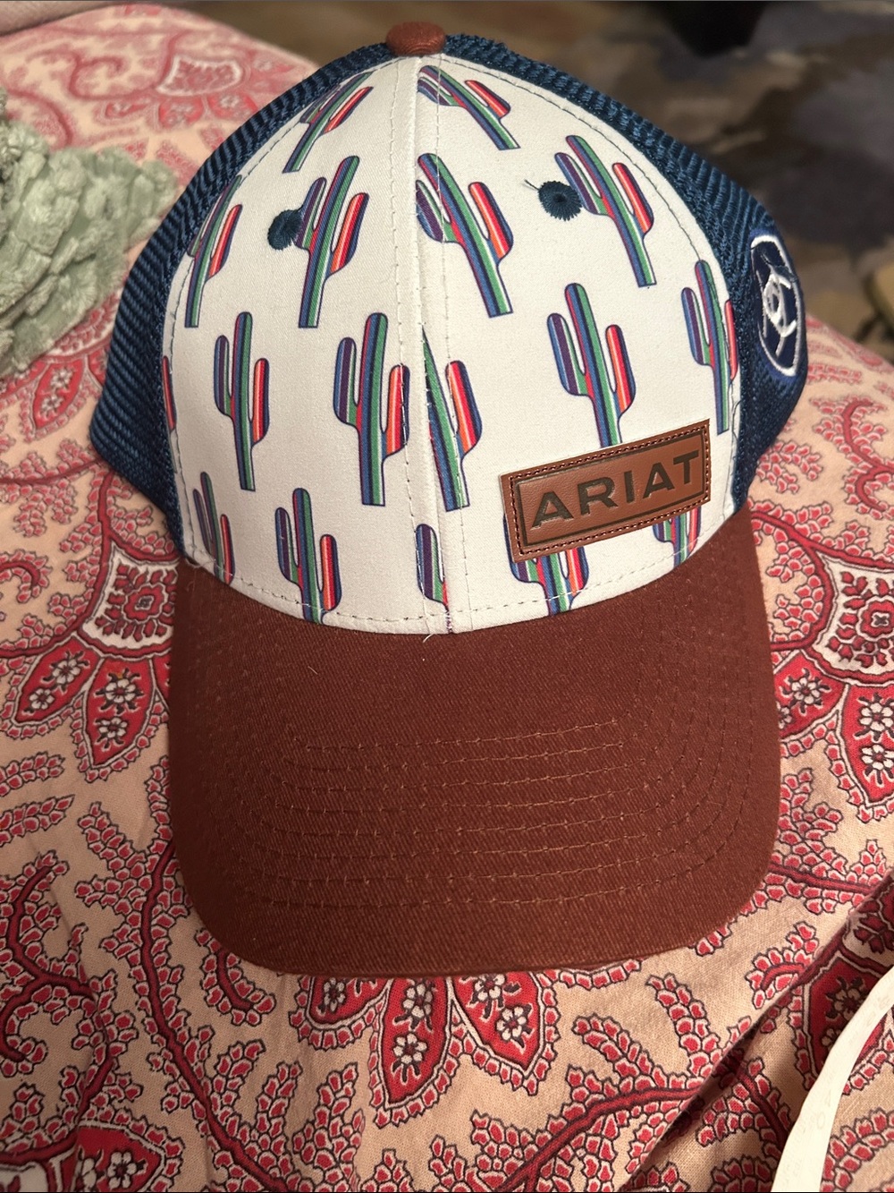 Ariat White/Navy Multi-Color Cactus Trucker Hat with Brown Bill and Blue Mesh